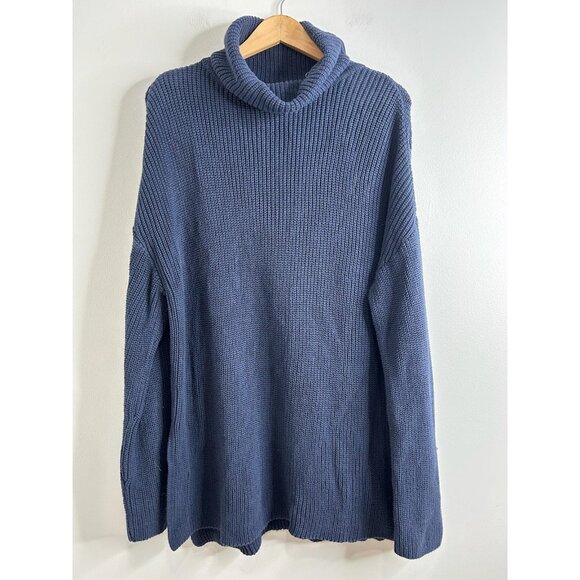 Pact Chunky Sweater Womens L Blue Turtleneck Organic Cotton Rib Knit Side Slit - Picture 1 of 9